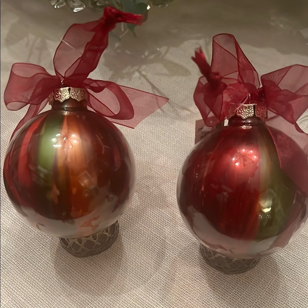 Burgundy Red & Green Swirled Christmas Ornaments (x2)